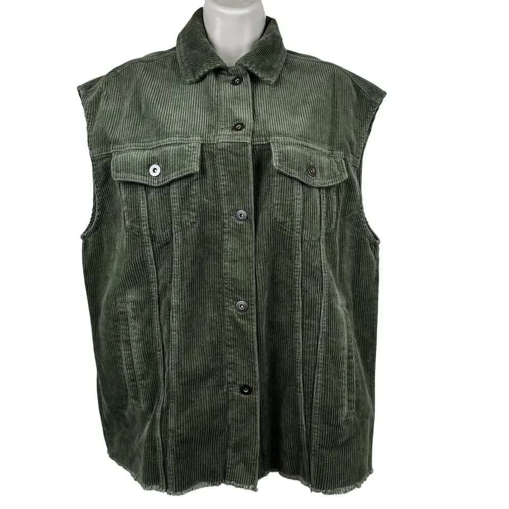 Zara Corduroy Vest Oversized Trucker Style Olive Green Women's Small